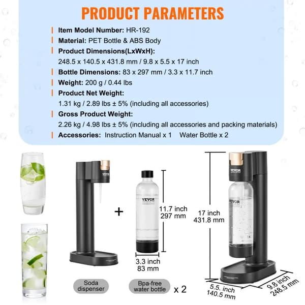 VEVOR Sprudlende Vandmaskine, BPA-fri 1L PET Flaske, Kompakt Design,1L x 2 Karbonat
