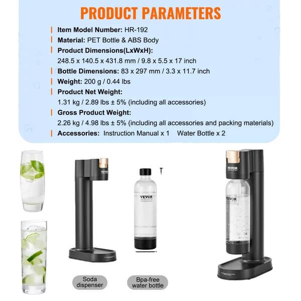 VEVOR Sprudlende Vandmaskine, BPA-fri 1L PET Flaske, Kompakt Design,1L x 2 Karbonat