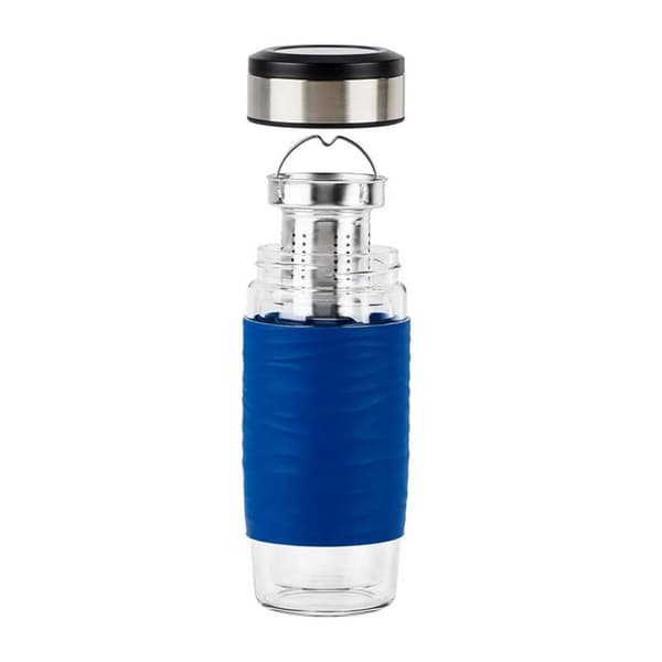 Emsa N20805 Temugg Temugg av dubbelväggigt glas | håller dig varm i 1 timme| 0,4 liter | avtagbar sil | BPA-fri | 100% tight | läckagesäker | blå