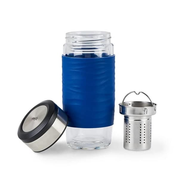 Emsa N20805 Temugg Temugg av dubbelväggigt glas | håller dig varm i 1 timme| 0,4 liter | avtagbar sil | BPA-fri | 100% tight | läckagesäker | blå