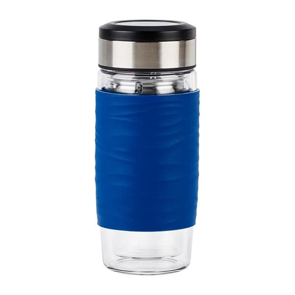 Emsa N20805 Temugg Temugg av dubbelväggigt glas | håller dig varm i 1 timme| 0,4 liter | avtagbar sil | BPA-fri | 100% tight | läckagesäker | blå