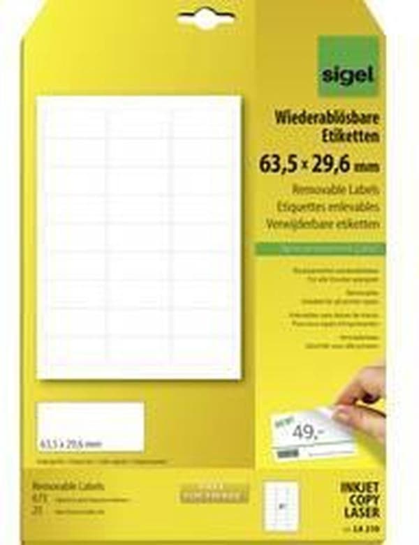 etiket Sigel aftagelig 63,5x29,6 mm hvid æske med 25 ark 27 etiketter pr.
