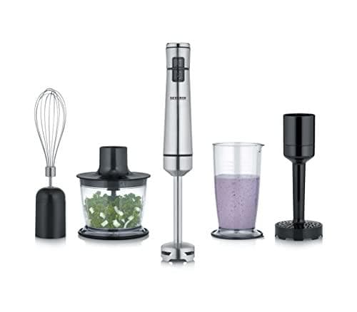 SEVERIN ledningsfri stavblender med premium sæt, aftagelig rørestav, med puréstang, multihakker, rørebeholder, kartoffelmoser og piskeris, sort/børste