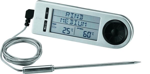 Rösle 25086 Grillkernetemperaturmåler Til bestemmelse af den ideelle kernetemperatur for fem forskellige kødtyper. En anden sensor i sonden giver info