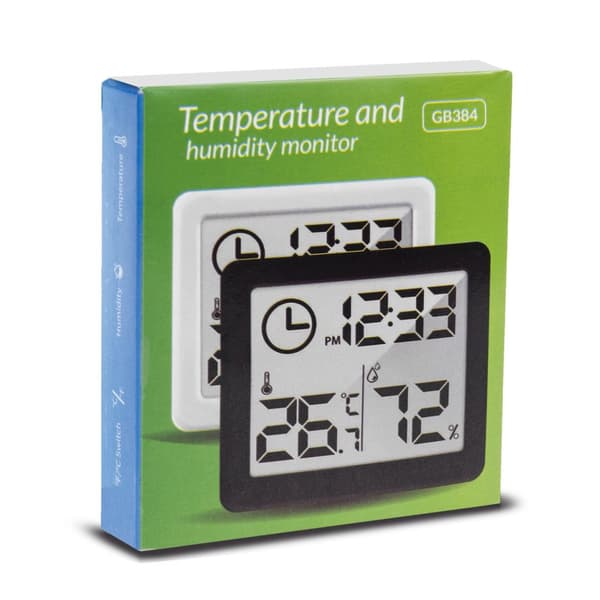 Termometer/Hygrometer med urfunktion, Grønblå, Sort, GB384B
