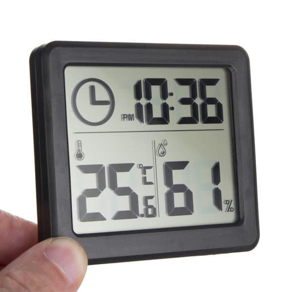 Termometer/Hygrometer med urfunktion, Grønblå, Sort, GB384B