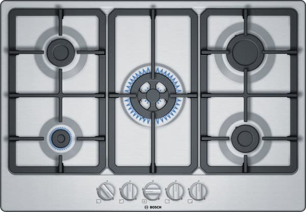 Bosch Serie 4 PGQ7B5B90 kogeplade Rustfrit stål Indbygget 75 cm Gas 5 zone(r) Rustfrit stål