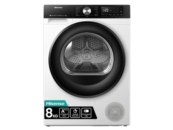 Hisense DH3S802BW3, Freestanding, Front-load, Heat pump, White, Rotary, Touch, Left/right