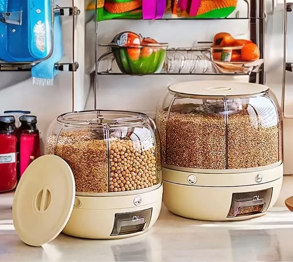 4,5 l roterende beholder til løse produkter med dispenser til korn, ris og bønner