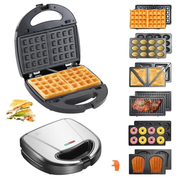 Sandwich Maker, 6-i-1 Multifunktionel, Non-stick Bagetrappe, Kompakt Design,Lys Grå
