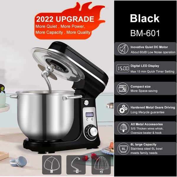 Køkken Stand Mixer, Stille Motor, 6 hastigheder, 6L Sort BM-601, EU