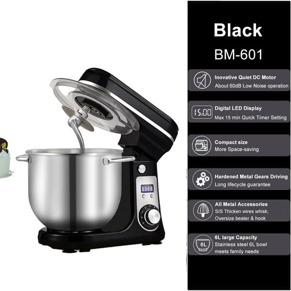 Køkken Stand Mixer, Stille Motor, 6 hastigheder, 6L Sort BM-601, EU