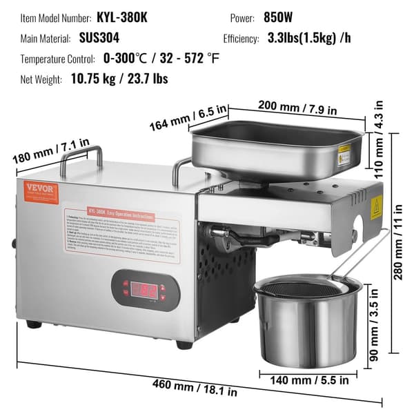 Ruostumattomasta teräksestä valmistettu öljynpoistokone, 850W teho, säädettävä lämpötila 0-300℃,87V2