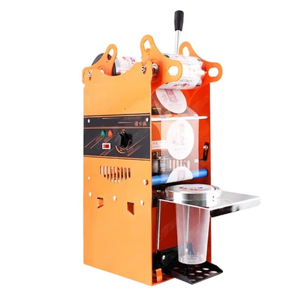 Kuppisuljettimen kone, manuaalikäyttöinen, sopii muovi- ja paperikuppeihin., Oranssi, EU-pistoke, 220V