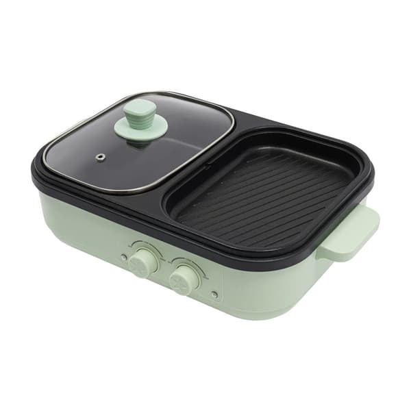 2-i-1 Hot Pot, Non-stick beläggning, Dubbel temperaturkontroll, Kompakt design,grön, 34cm