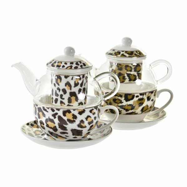 Tekanna DKD Home Decor Leopard Glas Porslin Brun Transparent Vit (2 antal)