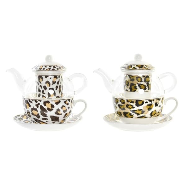 Tekanna DKD Home Decor Leopard Glas Porslin Brun Transparent Vit (2 antal)
