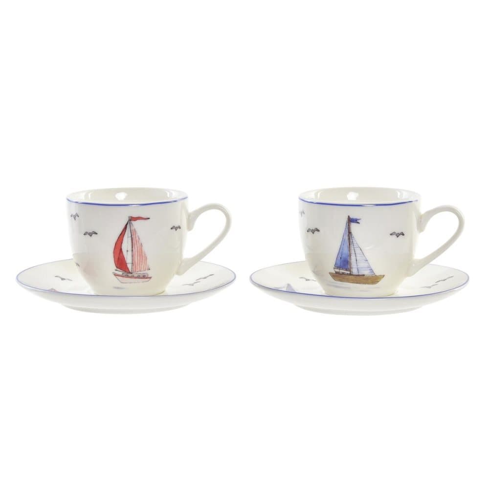 Set med kaffekoppar DKD Home Decor Segelbåtar Porslin Röd Blå (90 ml) (2 antal)
