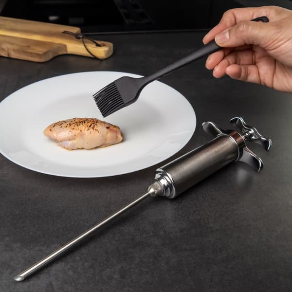 Marinadesprøyte i SILVER Sprøyte i rustfritt stål til grillkrydder, marinader, biff, BBQ og mye mer Biffsprøyte Kjøttsprøyte Grillsprøyte
