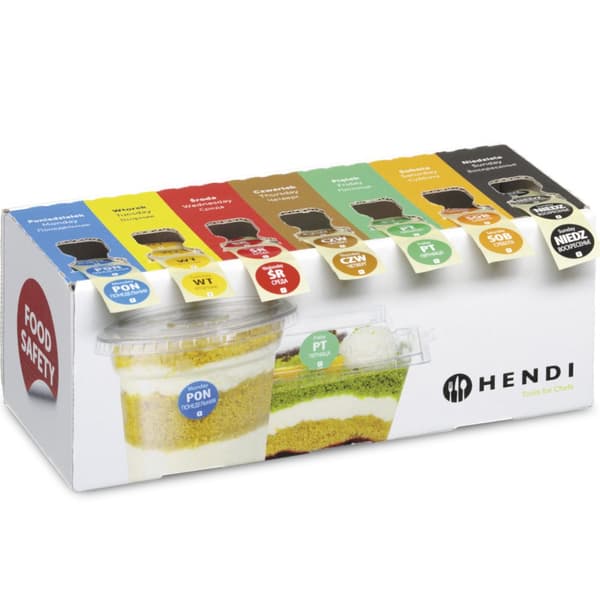 Sæt med engangsfødevaresikkerhedsetiketter til alle ugens dage med en dispenser - Hendi 850299