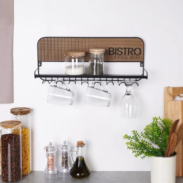 Ophæng til glas, krus, kopper, sort metal, væghængt, BISTRO, 48x12x20 cm