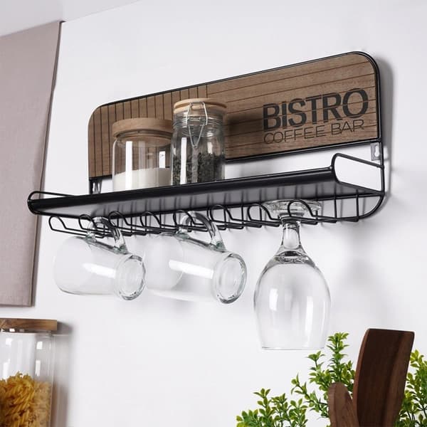 Ophæng til glas, krus, kopper, sort metal, væghængt, BISTRO, 48x12x20 cm