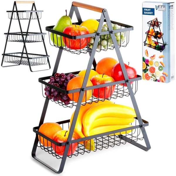 Frugt Grøntsagskurv 3-lags Metal Sort VILDE 34x17,5x46,5 cm