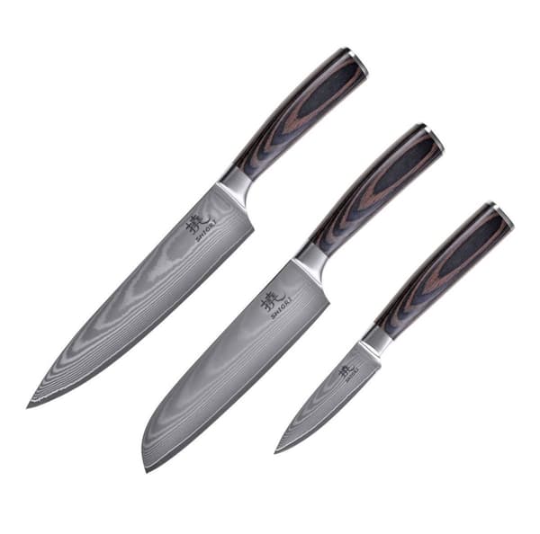 Shiori 3-set 撓 Chairo Shōto + Santoku + Sifu - en uppsättning av tre Damaskus stålknivar
