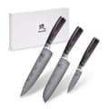 Miniatyrbild 1 av 11: Shiori 3-set 撓 Chairo Shōto + Santoku + Sifu - en uppsättning av tre Damaskus stålknivar