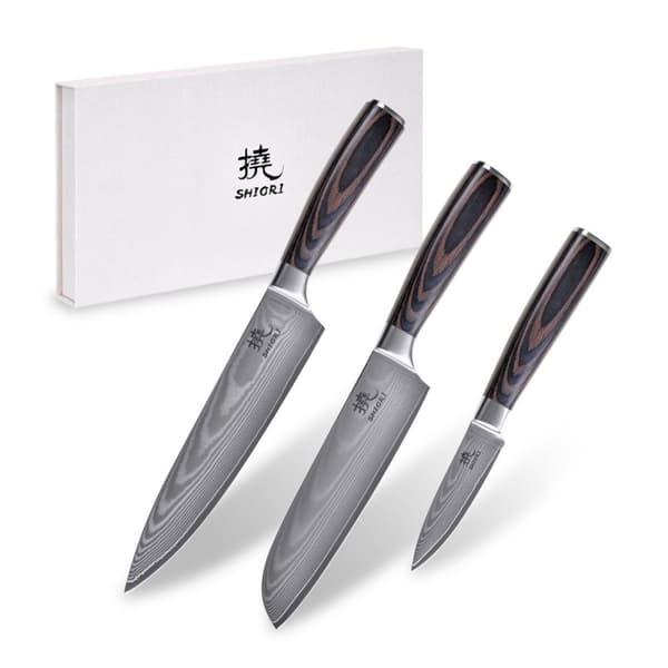 Shiori 3-set 撓 Chairo Shōto + Santoku + Sifu - en uppsättning av tre Damaskus stålknivar