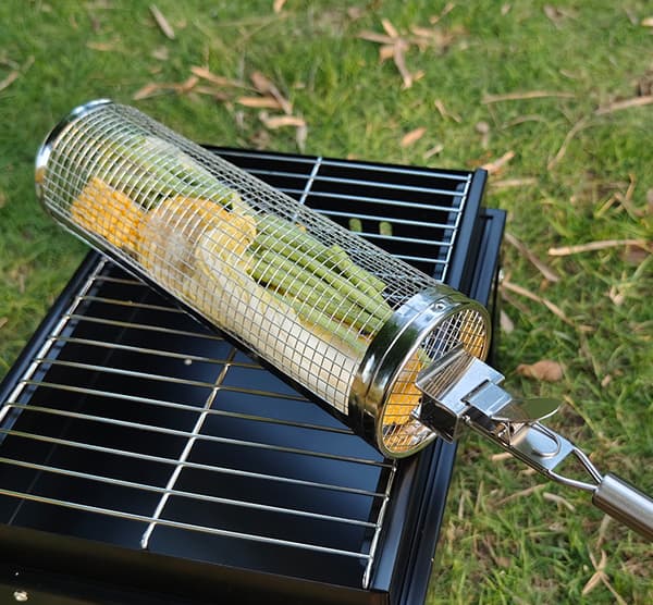 Outdoor BBQ ruostumattomasta teräksestä valmistettu rullaava grilliputki Grilli häkkigrilli verkko pyöreä grilli