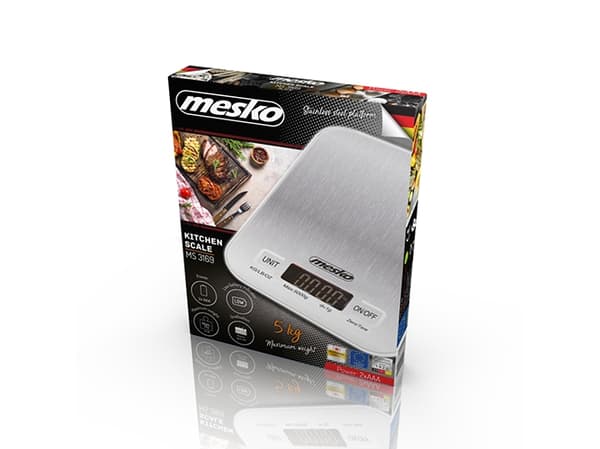 Mesko Home MS 3169, Elektronisk kjøkkenvekt, 5 kg, 1 g, Rustfritt stål, Hvit, Rustfritt stål, Benkeplate