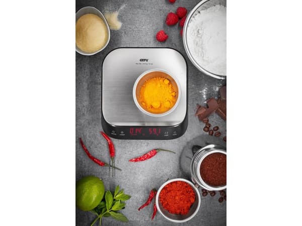 GEFU PREZISO, Elektronisk köksvåg, 3 kg, 0,1 g, Svart, Rostfritt stål, Plast, Silikon, Rostfritt stål, Rostfritt stål