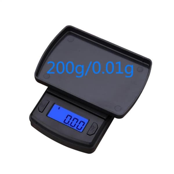 200g kapacitet 0,01g precision mini elektronisk köksvåg med LCD-skärm och bricka, olika enheter, hållbara och robusta