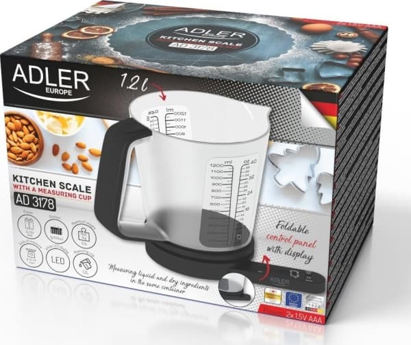 Adler | Virtuvinės svarstyklės with a measuring cup | AD 3178 | Maximum weight (capacity) 5kg | Juodas