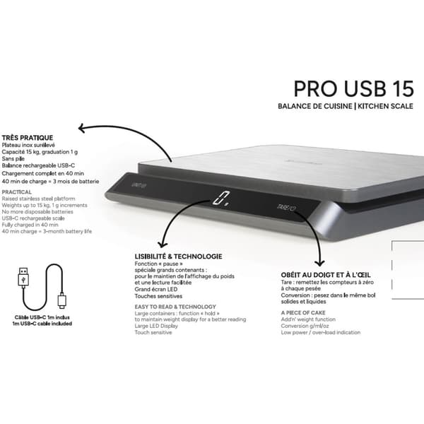 Keittiövaaka PRO USB-C 15kg Ruostumaton teräs IP67