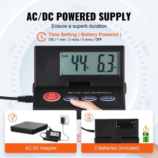 50kg kapacitet 2g precision digital postvåg med timer, 90° vikbar LCD-skärm, AC/DC-driven, tara och håll-funktioner