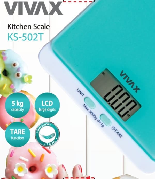 Vivax KS-502T, Elektronisk köksvåg, 5 kg, Turkos, LCD, CR2032, Litium