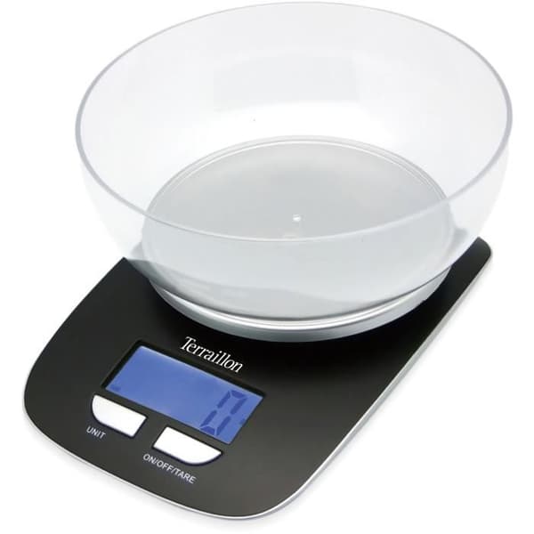 Elektronisk køkkenvægt - TERRAILLON - Klassisk skål - Kapacitet 5 kg - Baggrundsbelyst display - 1,5 L skål