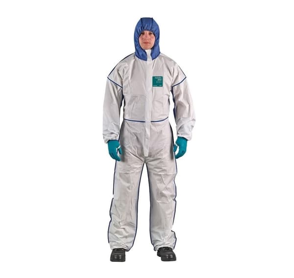 Engangs kjeledress Type 5/6 Ansell Alphatec 1800 Comfort, hvit/blå, beatable helrygg, størrelse XL