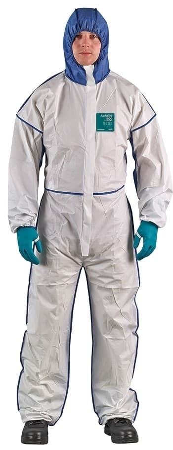 Set med 3 produkter. Engangs kjeledress Type 5/6 Ansell Alphatec 1800 Comfort, hvit/blå, beatable helrygg, størrelse XXXL