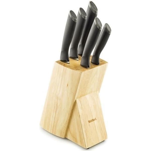 TEFAL - COMFORT 5-delars set med knivar i rostfritt stål + träförvaringsblock