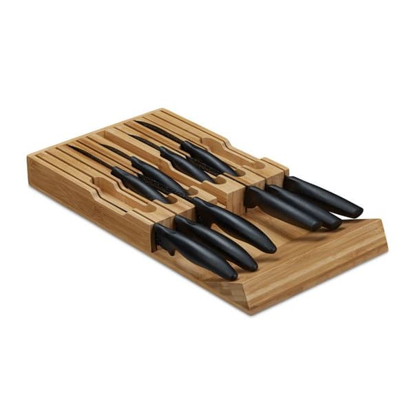 Relaxdays Knivset för låda, 12 knivar &amp; slip, bambublock, horisontell, HLP: 4,5 x 43,5 x 23 cm, natur