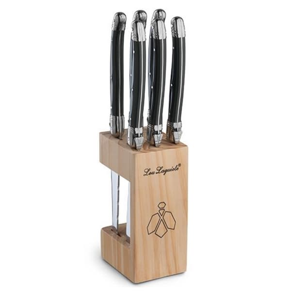 Lou Laguiole Grill Knife w Block, Anthracite, 6-pack - Lou Laguiole