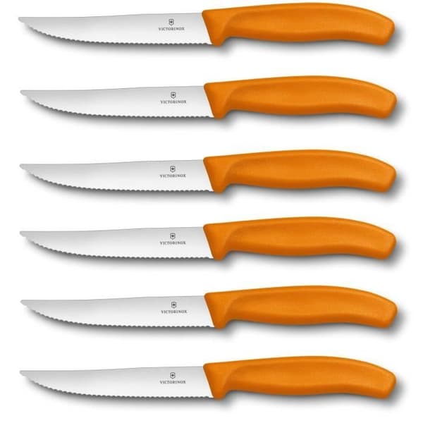 Victorinox biffknivar - 12 cm skårad blad - orange handtag - set om 6