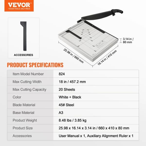 VEVOR Paper Cutter, 18 tuuman leikkausleveys, kestävä teräksinen terä,18 tuumaa 20 arkkia