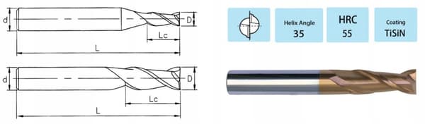 VHM hårdmetalskærer 2 x 6 x 4D x 50 mm 2-klinger 55 HRC
