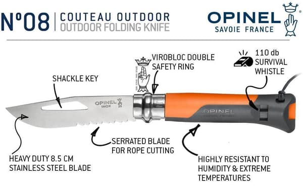 OPINEL NO 08 OUTDOOR , fällkniv med inbyggd visselpipa