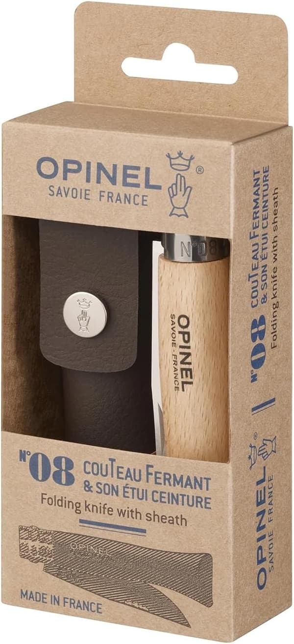 OPINEL NO8 STEINLESS STEEL + LEATHER SHEAT, opinelkniv nr 8 med läderfodral