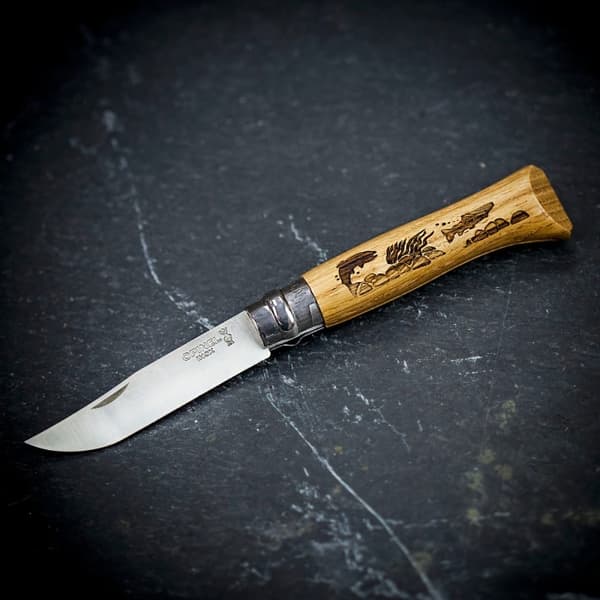 OPINEL NO8 ANIMALIA FISH OAK STEINLESS, Opinel fällkniv flugfiske